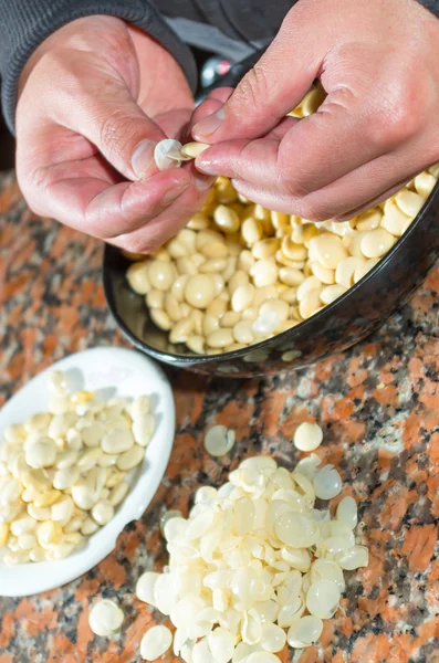 Closeup peeling, before and after bowls with lupini beans superfood, part of legum family, preparing fanesca concept — Stockfoto