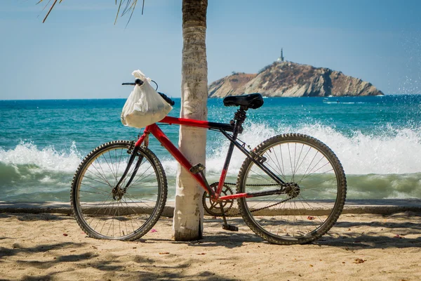 Κύματα εκτίναξη κόκκινου ποδηλάτου ακουμπά στον φοίνικα στην παραλία — Φωτογραφία Αρχείου
