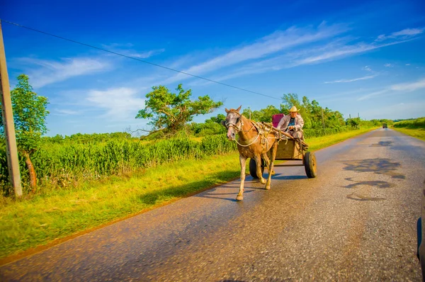 STRADA CENTRALE, CUBA - 06 SETTEMBRE 2015: Cavallo e carro su una strada rurale, Cuba . — Foto Stock