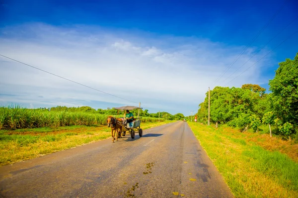 CENTRAL ROAD, CUBA - SEPTEMBER 06, 2015: Horse and a cart on a street in rural, Cuba. — Stock Photo, Image