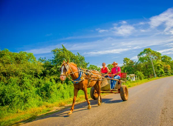 STRADA CENTRALE, CUBA - 06 SETTEMBRE 2015: Cavallo e carro su una strada rurale, Cuba . — Foto Stock