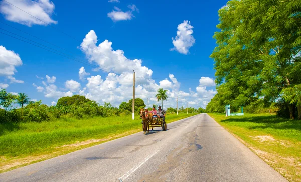 STRADA CENTRALE, CUBA - 06 SETTEMBRE 2015: Cavallo e carro su una strada rurale, Cuba . — Foto Stock