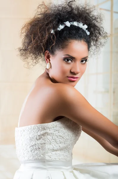 Portrait of beautiful exotic latin bride wearing white dress — Stock Photo, Image