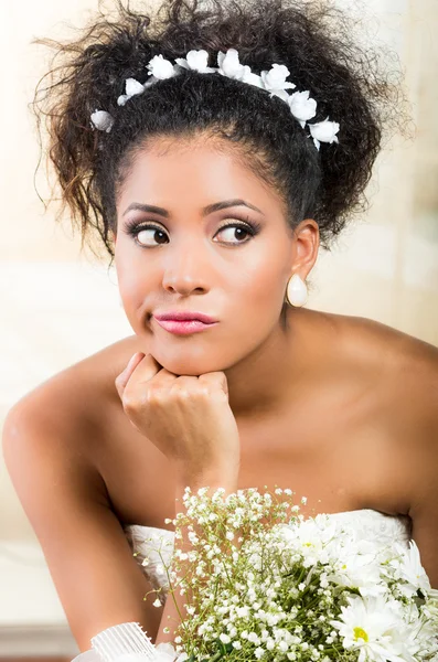 Portrait of beautiful exotic emotional bride looking atient — Stok Foto
