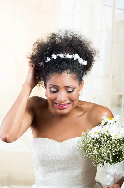 Portrait of beautiful exotic emotional bride looking nervous — Stock Photo, Image