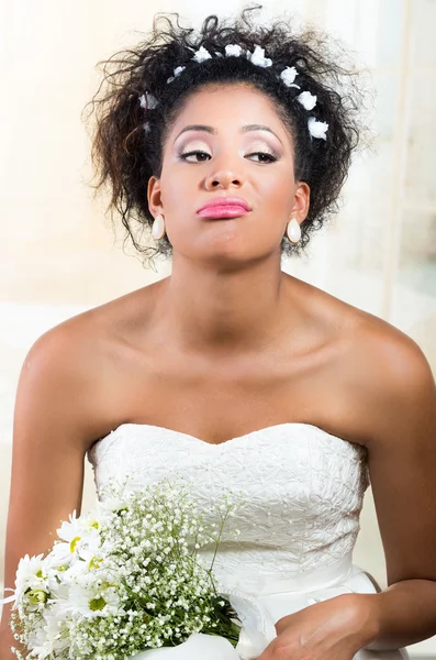 Portrait of beautiful exotic emotional bride looking bored — Stock Photo, Image