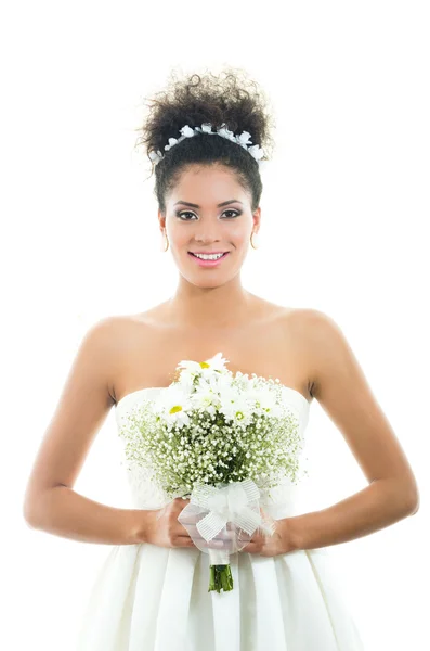 Closeup portrait of hispanic bride holding flower bouquet — Stock Photo, Image