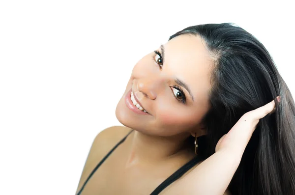 Beautiful young brunette girl touching her smooth hair — Stock Photo, Image