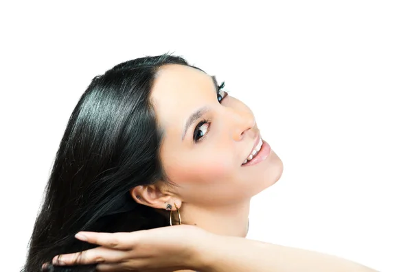 Beautiful young brunette girl touching her beautiful black hair — Stock Photo, Image