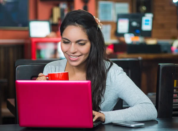 Attraente bruna che indossa maglione grigio seduta al tavolo del ristorante che lavora con il computer portatile rosa e tiene la tazza di caffè rossa vicino alla bocca — Foto Stock