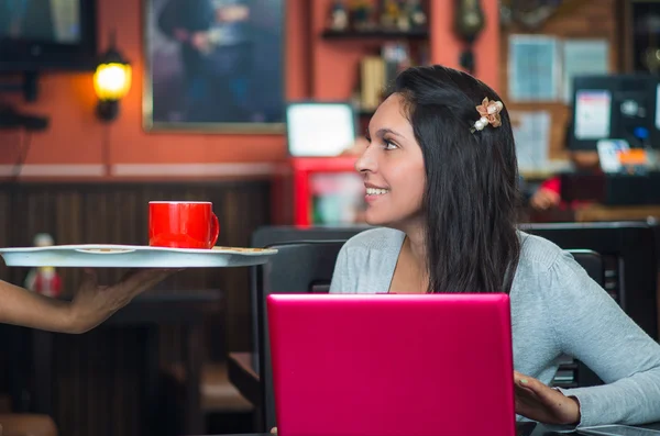 Brunetka modelu siedzi przy stole w restaurat, różowy laptop, wyraz twarzy pozytywnych interakcji z ludzi — Zdjęcie stockowe