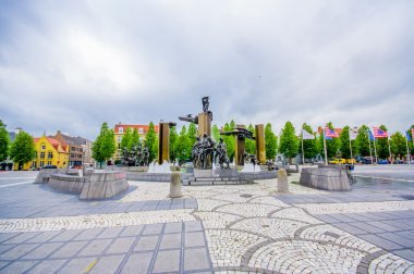 Bruges, Belgium - 11 August, 2015: Beautiful collcetion statues located on plaze in front of train station