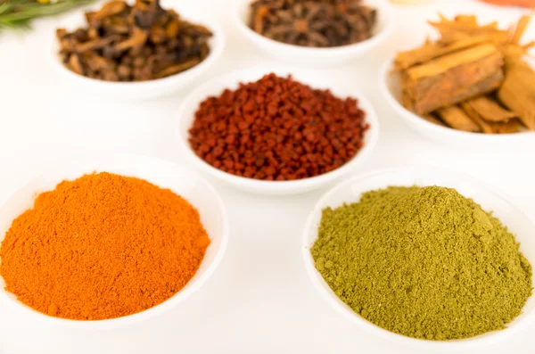 Beautiful colorful display of different spices green orange brown in white bowls, shot from above side angle, bright background — Stockfoto