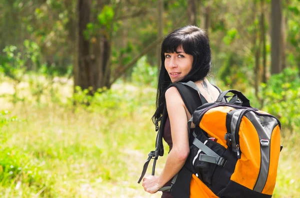 Adventurous brunette in hiking environment, walking away from camera looking back, forest background — Φωτογραφία Αρχείου