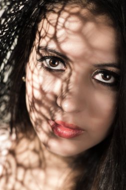 Headshot brunette model using patterned shadows as artistic effect on face while posing