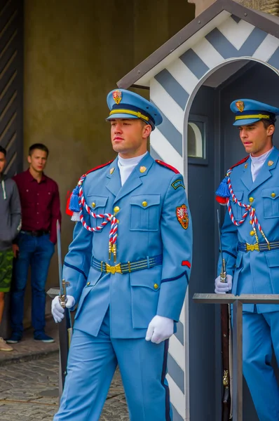 Praga, Repubblica Ceca - 13 agosto 2015: Guardie di palazzo in servizio con le loro distintive uniformi blu, cabina a strisce bianche e arma visibile — Foto Stock