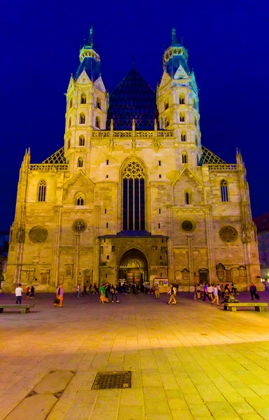 VIENA, AUSTRIA - 11 AGOSTO, 2015: Catedral de San Esteban con su fantástica arquitectura y torre, vista desde el frente con luces nocturnas — Foto de Stock