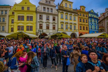 Prague, Czech Republic - 13 August, 2015: Crowded and lively street view from old town square