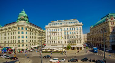 Vienna, Austria - 11 August, 2015: Beautiful view across street from Hotel Sacher and cafe Mozart located in city centre, spectacular baroque architecture