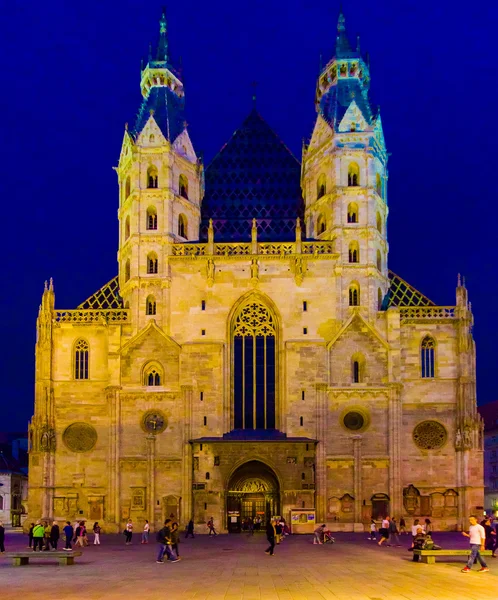 VIENA, AUSTRIA - 11 AGOSTO, 2015: Catedral de San Esteban con su fantástica arquitectura y torre, vista desde el frente con luces nocturnas — Foto de Stock