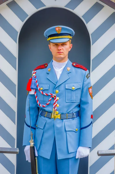 Praga, Repubblica Ceca - 13 agosto 2015: Ritratto di guardie del castello che indossano la sua distinta uniforme e seria espressione facciale — Foto Stock