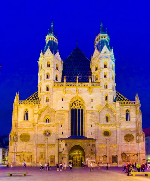 VIENA, AUSTRIA - 11 AGOSTO, 2015: Catedral de San Esteban con su fantástica arquitectura y torre, vista desde el frente con luces nocturnas — Foto de Stock