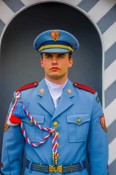 Prague, Tsjechië - 13 augustus, 2015: Palace dienstdoende dragen hun kenmerkende blauwe uniformen, witte gestreepte booth en wapen zichtbaar afschermingen — Stockfoto