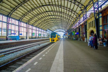 Harlem, Amsterdam, Hollanda - 14 Temmuz 2015: Demiryolu İstasyonu, büyük çatı kaplama platformu, mavi ve sarı tren yukarı çekerek içinde