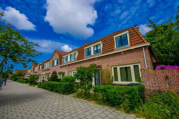 非常に魅力的な伝統的なオランダ地区、赤レンガの素敵な町家通り、美しい青い空、緑の木々 の周りをストレッチのハーレム、アムステルダム, オランダ - 2015 年 7 月 14 日: — ストック写真