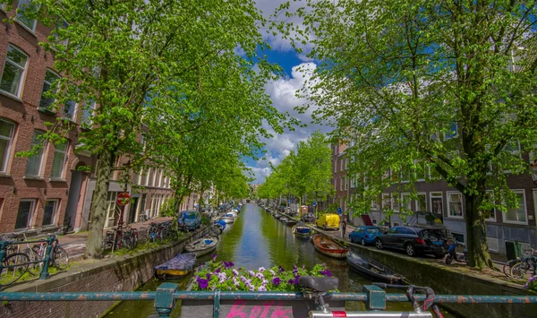 Amsterdam, Niederlande - 10. Juli 2015: Wasserkanal von einer kleinen Brücke aus gesehen, grüne Bäume und Wohngebäude entlang — Stockfoto