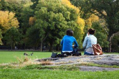 Manhattan, New York'taki Central Park'ta bir molası verdikten iki kız.