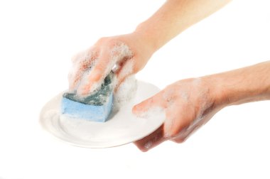 Adam'ın bulaşık eller. Beyaz bir arka plan üzerinde