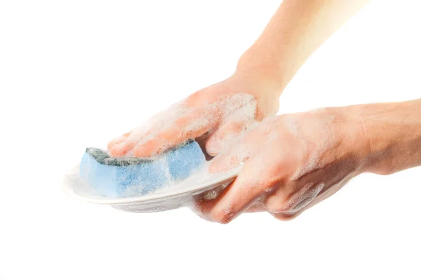 Man's hands washing dishes. On a white background — Stock Photo, Image