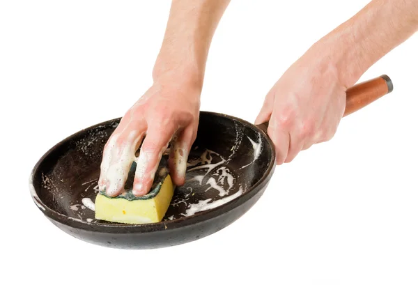 Men hand wash with a sponge pan — Stock Photo, Image