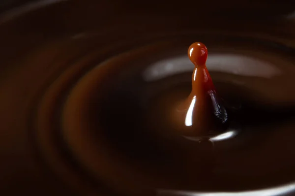 Chocolate drop falls on a chocolate background .