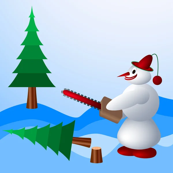 Snowman destroys trees — Stock Vector