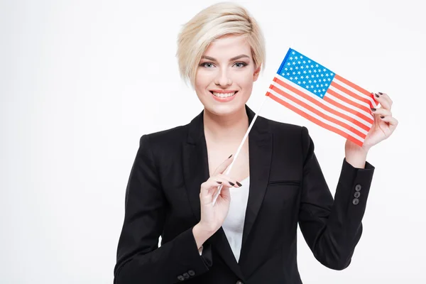 Krásná moderátorka drží vlajky Usa — Stock fotografie