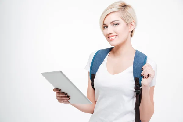 Жінка-студент тримає планшетний комп'ютер — стокове фото