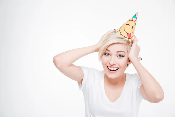 Mujer feliz en sombrero de fiesta —  Fotos de Stock