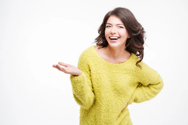 Happy woman holding copyspace on the palm — Stock Photo, Image