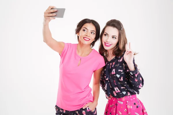 2 人の陽気な魅力的な女性スマート フォンで selfie をして立っています。 — ストック写真