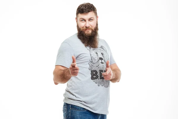 Happy bearded man pointing on young with both hands — Stock Photo, Image
