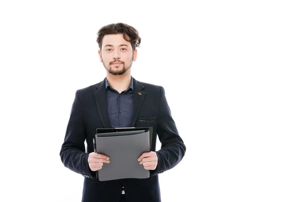 Empresário segurando prancheta — Fotografia de Stock