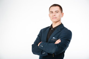 Kendine güvenen işadamı katlanmış silah ile ayakta