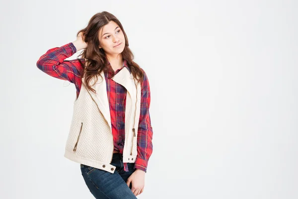 Krásná mladá žena v Kostkové košili a vestě — Stock fotografie