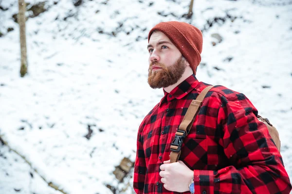 Sırt çantası kış dağ orman içinde olan adam sakallı