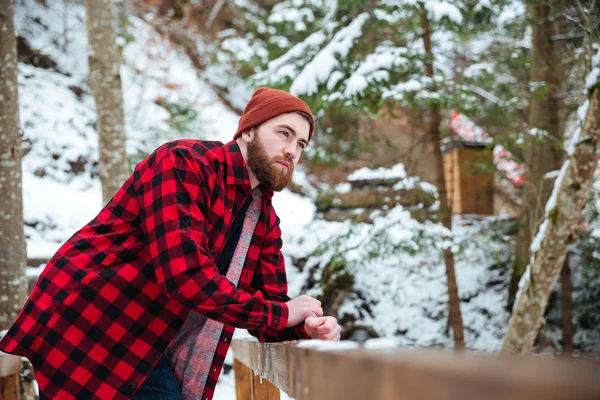 Бородатий молодий чоловік стоїть в зимовому лісі — стокове фото