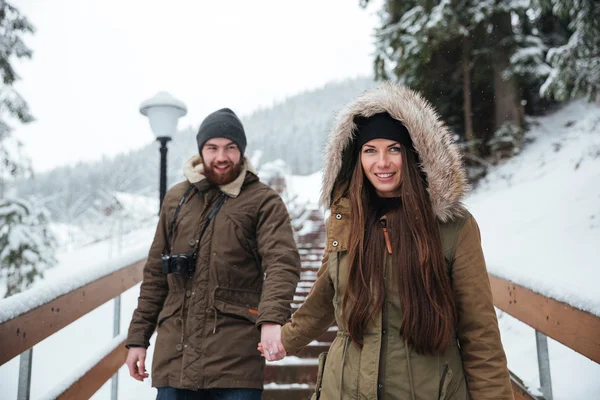 Пара держащихся за руки и идущих по лестнице в зимних горах — стоковое фото