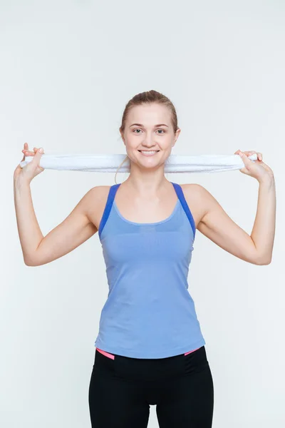 Happy fitness kvinna anläggning handduk — Stockfoto