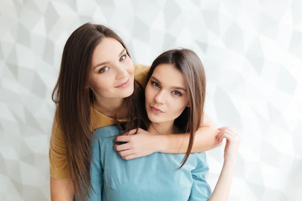 Дві красиві сестри близнюки стоять і обіймаються разом — стокове фото